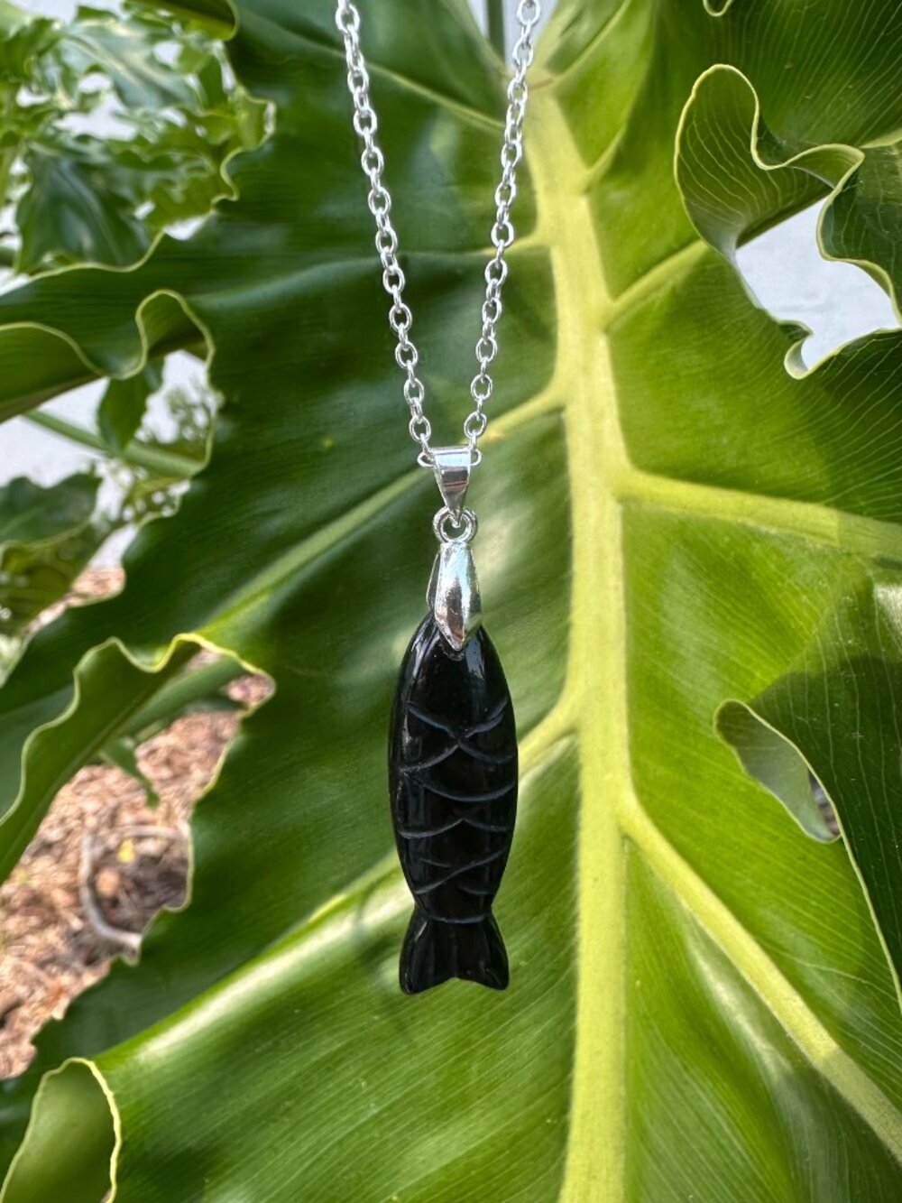 Obsidian Sardine Fish Pendant Necklace
